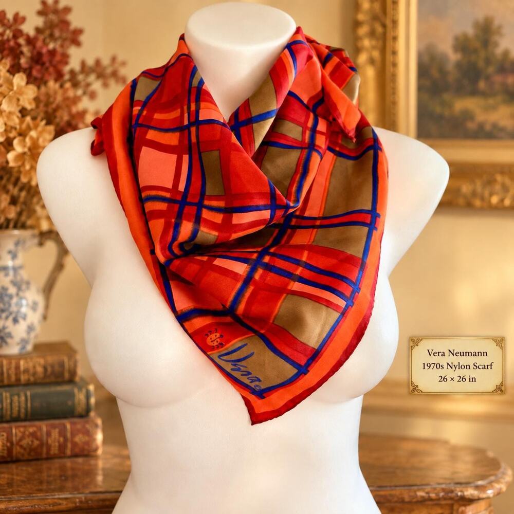 Vintage Vera Neumann 70s Plaid Scarf Orange Rust Blue Nylon Ladybug Fall 26x26